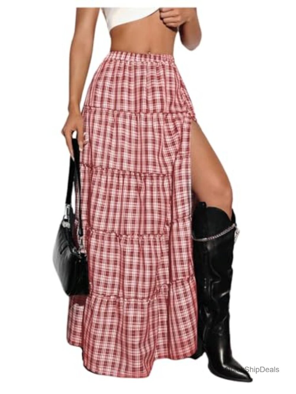 Plaid Maxi Skirt High Slit A-Line Tiered Ruffle Hem Flowy Y2K